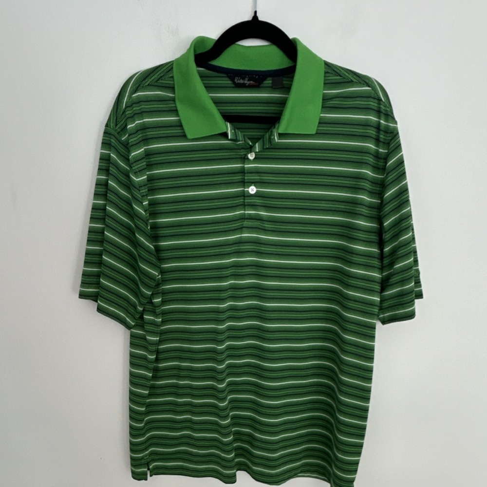 Walter Hagen Men's L Essentials Striped Polo Shirt Green Navy Short Sleeve Poly…
